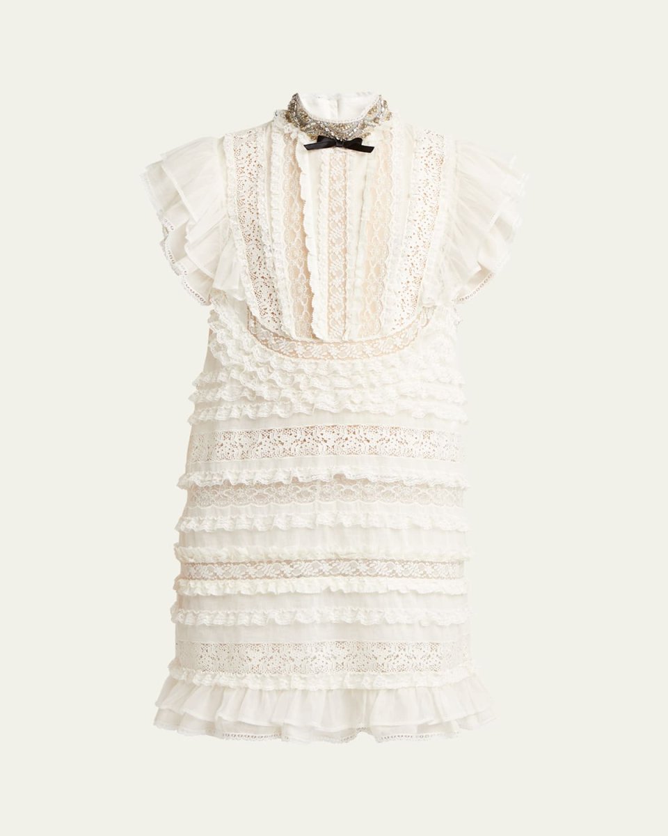 Crystal Neckline Ruffle Bow Linen Dress